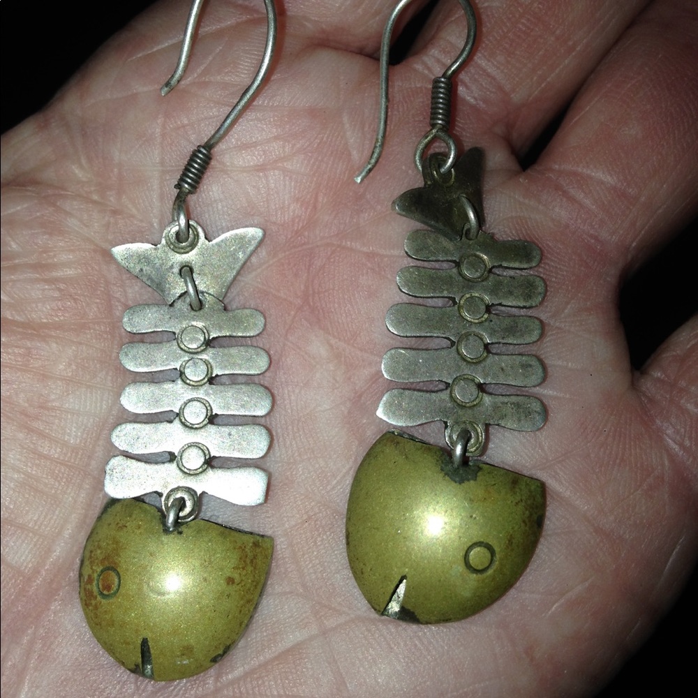 TAXCO fish skeleton earrings silver w/brass head!